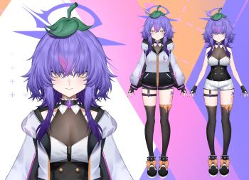 1girl body_markings breasts eggplant eggplant_emoji fingerless_gloves full_body gloves hair_between_eyes hair_over_eyes halo highres indie_virtual_youtuber jacket kyoushim leaf leaf_on_head medium_breasts medium_hair messy_hair multicolored_hair official_art orange_eyes pink_hair purple_hair purple_halo reference_sheet sachiihappy see-through_cleavage see-through_clothes shorts sidelocks smile streaked_hair thigh_strap thighhighs thighs virtual_youtuber white_jacket