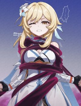 1girl bare_shoulders blonde_hair breasts clenched_teeth detached_sleeves dress fingerless_gloves flower genshin_impact gloves hair_flower hair_ornament highres lumine_(genshin_impact) medium_breasts medium_hair one_eye_closed q_(oshikuraq) restrained solo teeth white_dress yellow_eyes