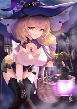 1girl absurdres black_gloves blonde_hair breasts candy cleavage flower food genshin_impact gloves green_eyes hair_between_eyes hair_flower hair_ornament hat hat_flower highres jewelry kanashi_kumo lantern large_breasts leaning_forward lisa_(genshin_impact) long_hair necklace night purple_flower purple_rose rose smile solo thighhighs thighs wicker_basket witch_hat yellow_flower yellow_rose