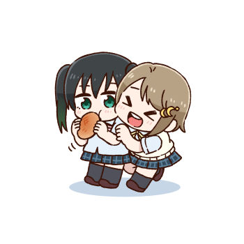 2girls arablue black_hair black_socks blush bread brown_hair brown_shoes checkered_clothes checkered_skirt chibi chibi_only closed_eyes eating food gradient_hair green_eyes green_hair hair_between_eyes hair_ornament hairclip highres holding holding_food leg_up love_live! love_live!_nijigasaki_high_school_idol_club motion_lines multicolored_hair multiple_girls nakasu_kasumi neck_ribbon nijigasaki_school_uniform ribbon school_uniform shadow shirt shoes short_sleeves skirt smile socks sweater_vest takasaki_yu teeth twintails untucked_shirt upper_teeth_only white_shirt yellow_ribbon