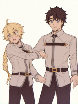 2boys aether_(genshin_impact) ahoge belt belt_buckle black_hair blonde_hair blue_eyes blush braid buckle chaldea_logo chaldea_uniform collared_jacket commentary cosplay costume_switch crossover english_commentary fate/grand_order fate_(series) fujimaru_ritsuka_(male) fujimaru_ritsuka_(male)_(cosplay) genshin_impact hair_between_eyes highres jacket kulissara-aung long_hair long_sleeves male_focus multiple_boys open_mouth short_hair simple_background single_braid teeth white_background white_jacket yellow_eyes