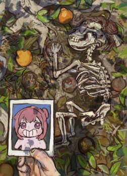 1other bone death doro_(nikke) food fruit goddess_of_victory:_nikke hair_bun highres holding holding_photo mossacannibalis nature orange_(fruit) photo_(object) pink_hair pov purple_eyes single_hair_bun skeleton skull teeth