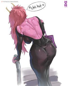 1girl artist_logo ashido_mina ass back backless_dress backless_outfit bag black_dress boku_no_hero_academia breasts commentary dress english_commentary english_text handbag highres holding holding_bag howxen large_breasts logo long_hair median_furrow patreon_username pink_hair purple_bag speech_bubble standing thong white_background