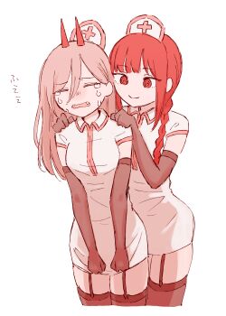 Rule 34 | 2girls, alternate costume, black thighhighs, braid, chainsaw man, closed eyes, collar, commentary request, cowboy shot, crying, elbow gloves, fang, garter belt, gloves, hands on another's shoulders, hat, highres, holding own dress, horns, long hair, makima (chainsaw man), muimidas, multiple girls, no nose, no pants, nurse, nurse cap, open mouth, pink hair, power (chainsaw man), red eyes, red hair, red horns, shirt, short sleeves, sidelocks, smile, striped clothes, thighhighs, twin braids, vertical-striped clothes, white background, white shirt, wing collar