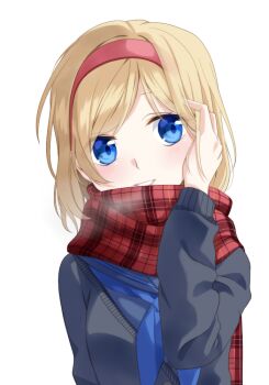 1girl alice_margatroid blonde_hair blue_eyes blush breath commentary_request grey_sweater hairband long_sleeves looking_at_viewer pink_hairband plaid_clothes plaid_scarf red_scarf scarf simple_background smile solo sweater touhou tsuno_no_hito upper_body white_background
