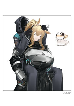 1girl 1other absurdres ambiguous_gender animal_ear_fluff animal_ears animalization arknights armor artist_name black_coat black_dress black_gloves black_pants blonde_hair bracer breastplate breasts carrying closed_eyes closed_mouth coat commentary cowboy_shot doctor_(arknights) dress english_commentary gloves headphones headset highres hood hooded_coat horns horse_ears horse_girl irkawaza large_breasts long_hair nearl_(arknights) nightingale_(arknights) pants pauldrons piggyback ponytail shining_(arknights) shoulder_armor simple_background white_background