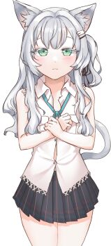animal_ear_fluff animal_ears arknights bare_arms bare_shoulders black_skirt blush breast_pocket chinese_commentary closed_mouth collared_shirt colored_eyelashes commentary_request cowboy_shot green_eyes grey_hair highres loli long_hair looking_at_viewer miniskirt neti_(cpu11151) own_hands_together pleated_skirt pocket rosmontis_(arknights) shirt simple_background skirt sleeveless sleeveless_shirt standing white_background white_shirt