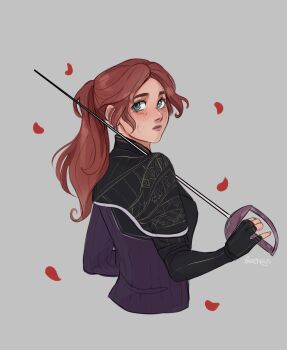 1girl black_gloves breasts brown_hair clair_obscur:_expedition_33 cropped_torso dirty dirty_face falling_petals fingerless_gloves freckles gloves grey_background grey_eyes highres holding holding_sword holding_weapon long_hair looking_at_viewer maelle_(clair_obscur:_expedition_33) medium_breasts parted_bangs petals ponytail purple_shirt rapier red_petals shirt solo sword vanekairi weapon