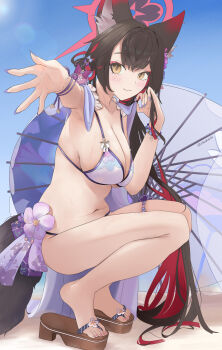 1girl absurdres animal_ear_fluff animal_ears bikini black_hair blue_archive blush breasts cleavage closed_mouth colored_inner_hair commentary english_commentary fingernails fox_ears fox_girl fox_tail hair_between_eyes halo hand_in_own_hair highres large_breasts long_fingernails long_hair looking_at_viewer miichi multicolored_hair navel official_alternate_costume purple_nails red_hair red_halo smile solo squatting stomach swimsuit tail toes two-tone_hair wakamo_(blue_archive) wakamo_(swimsuit)_(blue_archive) white_bikini yellow_eyes