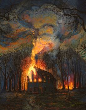 awning burning dormer fire francisco_fonseca highres house no_humans open_door original smoke tree window_light window_shutter