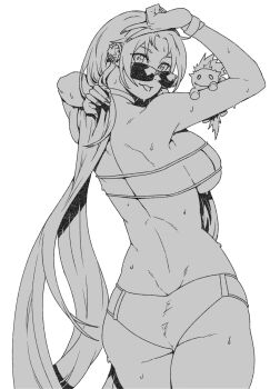 1girl ass back bare_shoulders bikini breasts choker commentary earrings fate/grand_order fate_(series) greyscale highres jewelry large_breasts long_hair looking_at_viewer looking_back minew monochrome parted_bangs smile solo sunglasses swimsuit thighs tongue tongue_out v very_long_hair wet yu_mei-ren_(fate) yu_mei-ren_(swimsuit_lancer)_(fate)