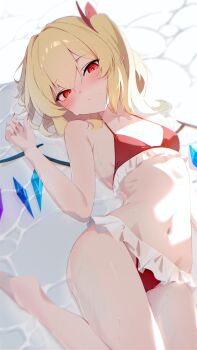 1girl 25omega25 bikini blonde_hair blush bow crystal_wings expressionless fingernails flandre_scarlet flat_chest frilled_bikini frills hair_bow highres long_hair looking_at_viewer lying navel on_back pointy_ears red_bikini red_bow red_eyes red_nails sharp_fingernails side_ponytail solo swimsuit touhou water wet wings