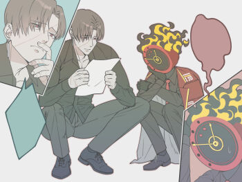 1boy 1other black_gloves black_pants black_shirt black_skin clock coat coat_on_shoulders collared_shirt colored_skin dante_(limbus_company) eoru1010 flaming_head gloves grey_hair hand_up hands_up hashtag-only_commentary holding holding_paper limbus_company necktie object_head pants paper project_moon red_eyes red_necktie shirt simple_background squatting sweat vergilius_(project_moon) white_background