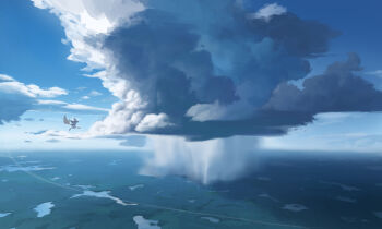 1girl blue_sky broom broom_riding cloud cloud_focus cloudy_sky commentary day flying highres hua_hu lake original outdoors photorealistic rain realistic scenery sky solo symbol-only_commentary wide_shot