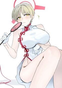 Rule 34 | 1girl, ?, absurdres, blonde hair, blue archive, breasts, china dress, chinese clothes, dantyou2525, dress, gloves, half gloves, halo, highres, large breasts, looking at viewer, marina (blue archive), marina (qipao) (blue archive), official alternate costume, pelvic curtain, red halo, short hair, simple background, sitting, sleeveless, sleeveless dress, solo, sweatdrop, white background, white dress, white gloves