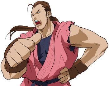 Rule 34 | 1boy, bengus, brown hair, dougi, fingerless gloves, game cg, gloves, hand on own hip, hibiki dan, highres, looking at viewer, male focus, martial arts belt, mma gloves, muscular, muscular male, non-web source, official art, open mouth, pointing, pointing at self, ponytail, portrait, short hair, simple background, sleeveless, solo, street fighter, street fighter zero (series), teeth, torn clothes, torn sleeves, undershirt, upper body, upper teeth only, v-shaped eyebrows, white background