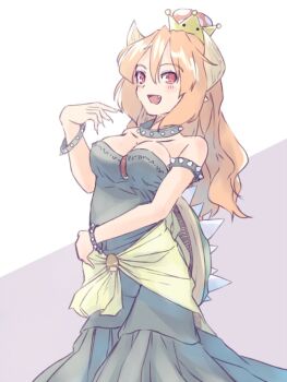 1girl :d bare_shoulders black_dress blush bowsette breasts chest_jewel collar collarbone commentary_request dress fang feet_out_of_frame fingernails grey_background hand_up horns long_fingernails long_hair mario_(series) medium_breasts new_super_mario_bros._u_deluxe nintendo open_mouth orange_hair pointy_ears rangycrow red_eyes sketch smile solo spiked_collar spikes strapless strapless_dress super_crown two-tone_background white_background