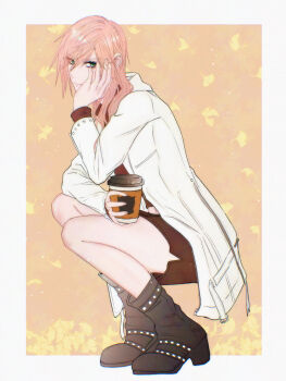 1girl aqua_eyes black_boots boots border brown_background brown_shorts brown_sweater closed_mouth cup disposable_coffee_cup disposable_cup dissidia_duellum_final_fantasy dissidia_final_fantasy falling_leaves final_fantasy final_fantasy_xiii hair_between_eyes hand_on_own_face highres holding holding_cup jacket jewelry leaf lightning_farron long_hair looking_at_viewer lux_spei multiple_rings official_alternate_costume pink_hair ring shorts solo squatting sweater turtleneck turtleneck_sweater white_border white_jacket