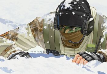 Rule 34 | 1boy, beanie, black gloves, black hat, blue eyes, covered mouth, facepaint, fangsheng jixieshi, glaz (rainbow six siege), gloves, hashtag-only commentary, hat, headphones, headset, highres, jacket, looking to the side, lying, male focus, on stomach, outdoors, rainbow six siege, sideways glance, snow, solo, walkie-talkie