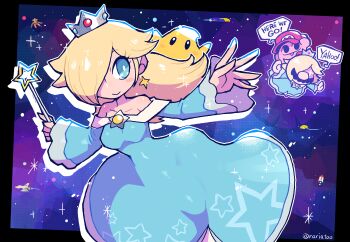 1boy 1girl absurdres bare_shoulders black_border blonde_hair blue_dress blue_eyes blush_stickers border breasts closed_mouth collarbone cosplay crossdressing crown deoxys dress earrings english_text f-zero facial_hair falcon_flyer flying gen_3_pokemon great_fox hair_over_one_eye hat highres hocotate_freight_steam_ship holding holding_wand jaggy_lines jewelry kirby kirby_(series) long_hair long_sleeves luma_(mario) mario mario_(series) medium_breasts metroid mustache mythical_pokemon nintendo off-shoulder_dress off_shoulder outside_border pokemon pokemon_(creature) print_dress rariatto_(ganguri) red_headwear rosalina rosalina_(cosplay) samus&#039;s_gunship smile space spacecraft sparkle speech_bubble star_(symbol) star_earrings star_fox star_print super_mario_galaxy super_smash_bros. twitter_username wand