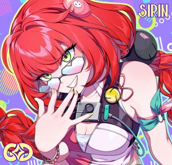 1girl artist_name braid braided_twintails breasts camera camera_around_neck cleavage facial_mark green_eyes hair_ornament hand_to_own_mouth heart heart-shaped_eyewear heart_facial_mark highres long_hair looking_at_viewer official_alternate_costume one-piece_swimsuit pink_one-piece_swimsuit purple_background red_hair sirin_(sirinshome) smile solo sphere_hair_ornament swimsuit twintails two-tone_one-piece_swimsuit ukinami_yuzuha ukinami_yuzuha_(tanuki_in_broad_daylight) upper_body very_long_hair yellow_nails zenless_zone_zero