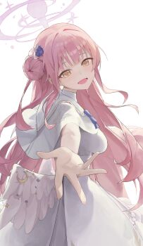 1girl :d absurdres angel_wings blue_archive blush breasts capelet commentary dress feathered_wings flower from_side hair_bun hair_flower hair_ornament halo highres long_hair looking_at_viewer looking_to_the_side low_wings m1o_0112 mika_(blue_archive) open_mouth pink_hair pink_halo reaching reaching_towards_viewer simple_background single_side_bun smile solo turning_head white_background white_capelet white_dress white_wings wing_ornament wings yellow_eyes