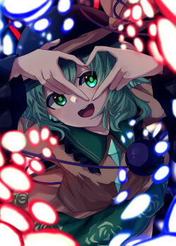 1girl :d absurdres arms_up black_hat bow buttons commentary_request cowboy_shot danmaku diamond_button floral_print floral_print_skirt four-finger_heart_hands frilled_sleeves frills green_eyes green_hair green_skirt hair_between_eyes happy hat hat_bow heart heart_hands heart_hands_over_eye highres koishi_day komeiji_koishi long_sleeves looking_at_viewer medium_hair open_mouth print_skirt rose_print round_teeth shirt skirt smile snowdrop6963 solo spell_card subterranean_animism sun_hat teeth third_eye touhou upper_teeth_only wide_sleeves yellow_bow yellow_shirt