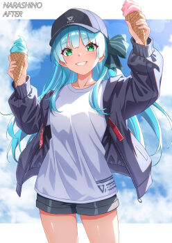 1girl absurdres aged_up aqua_hair asaba_touka baseball_cap black_jacket black_shorts blue_hair blue_sky blunt_bangs blush bow breasts cloud collarbone copyright_name cowboy_shot day food green_eyes grey_shorts grin hair_bow hat heaven_burns_red highres holding holding_food holding_ice_cream ice_cream ice_cream_cone jacket lens_flare long_hair long_sleeves looking_at_viewer open_clothes open_jacket outdoors puffy_long_sleeves puffy_sleeves rumi_(heaven_burns_red) shirt short_shorts shorts sky smile soft_serve solo standing teeth white_shirt zipper