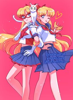 2girls aino_minako artemis_(sailor_moon) back-to-back bishoujo_senshi_sailor_moon blonde_hair blue_skirt bow bowtie cat codename_wa_sailor_v crescent crescent_facial_mark facial_mark forehead_mark hair_bow hand_on_own_hip hashtag-only_commentary heart highres juuban_middle_school_uniform long_hair looking_at_viewer magical_girl midriff_peek multiple_girls namisonpictures neckerchief one_eye_closed pink_background pleated_skirt red_bow red_bowtie red_neckerchief sailor_v school_uniform shirt simple_background skirt tongue tongue_out white_cat white_shirt