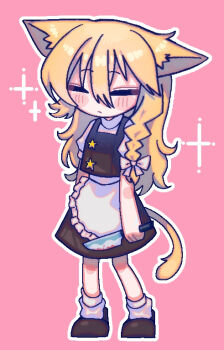 1girl animal_ears apron black_shoes black_skirt black_vest blonde_hair blush bow braid cat_ears cat_girl cat_tail closed_eyes closed_mouth commentary_request cookie_(touhou) expressionless frilled_apron frills full_body hair_between_eyes hair_bow holding holding_knife kemonomimi_mode kirisame_marisa knife long_bangs long_hair melanin_shikiso pink_background shirt shoes side_braid simple_background single_braid skirt skirt_set socks solo sparkle standing star_(symbol) suzu_(cookie) tail touhou vest waist_apron white_apron white_shirt white_socks