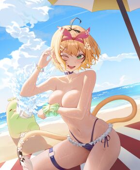 Rule 34 | 1girl, absurdres, ahoge, beach, beach towel, beach umbrella, bikini, bikini bottom only, black hair, blonde hair, blue bikini, blue choker, blue sky, blush, breasts, bucket, choker, cloud, cloudy sky, commentary, contrail, covering breasts, covering privates, day, dooby, dooby (summer), flower, frilled bikini, frills, green eyes, hair flower, hair ornament, hairband, highres, indie virtual youtuber, jerboa tail, kippu (dooby), large breasts, multicolored hair, no bra, no pants, on ground, one eye closed, outdoors, parasol, pink hairband, sand, short hair, sky, smile, streaked hair, summer, swimsuit, tail, thigh strap, thighs, topless female, towel, umbrella, virtual youtuber, water, wet, wet clothes, yubbiidraw
