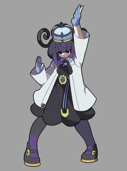 1girl absurdres arms_up belt belt_buckle black_dress black_hair black_pantyhose blue_gloves blunt_bangs bob_cut buckle coat dress gloves gradient_hair gradient_pantyhose grey_background gwynn_(pokemon) hat highres kekeken long_sleeves looking_at_viewer mega_stone multicolored_hair nintendo o-ring o-ring_belt open_clothes open_coat pantyhose parted_lips partially_fingerless_gloves pokemon pokemon_legends:_z-a purple_eyes purple_hair short_hair simple_background solo white_coat