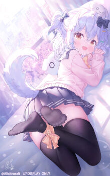 Rule 34 | 1boy, absurdres, bed, black thighhighs, blue hair, bow, bowtie, commentary request, commission, highres, inuyama tamaki, no shoes, noripro, on bed, open mouth, orange hair, pillow, purple skirt, qingye tuanzi, ribbon, school uniform, skeb commission, skirt, smile, sweater, tail, thighhighs, trap, virtual youtuber, window, yellow ribbon