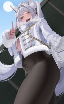 1girl absurdres bag black_pantyhose blanc_(fortune_express)_(nikke) blanc_(nikke) bottomless commentary cropped_jacket english_commentary from_below fur_trim goddess_of_victory:_nikke gong_dol_hong handbag highres no_bra panties pantyhose twintails underwear v white_hair white_panties