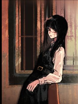 1girl against_railing belt belt_buckle black_belt black_dress black_hair buckle buttoned_cuffs buttons chainsaw_man chinese_commentary closed_mouth commentary cross_scar dress dress_shirt elbow_rest expressionless facial_scar fourth_east_high_school_uniform from_side hair_over_breasts indoors leaning_back long_hair long_sleeves looking_at_viewer lower_eyelashes_only muntins painterly pinafore_dress railing red_eyes scar scar_on_cheek scar_on_face scar_on_nose school_uniform shirt sideways_glance sleeve_cuffs sleeveless sleeveless_dress solo straight_hair white_shirt winter_uniform xinhongo-o yoru_(chainsaw_man)