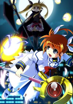 2girls ankle_wings bardiche_(nanoha) belt black_cape black_leotard black_ribbon black_thighhighs blonde_hair blue_eyes bow bowtie breasts cape character_request check_character cityscape crackling_energy dress energy_ball fate_testarossa floating floating_hair flying flying_teardrops full_moon gesugesu_ahoaho hair_ribbon highres holding holding_staff holding_weapon juliet_sleeves leotard long_hair long_sidelocks long_sleeves looking_at_another lyrical_nanoha mage_staff magical_girl mahou_shoujo_lyrical_nanoha moon multiple_girls multiple_hair_ribbons night night_sky open_mouth orange_hair outdoors puffy_sleeves raising_heart red_belt red_bow red_bowtie red_eyes ribbon shoes sidelocks skirt sky small_breasts staff takamachi_nanoha tears thighhighs twintails weapon white_dress white_ribbon white_shoes white_skirt wings zettai_ryouiki