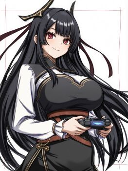 1girl black_hair breasts controller holding holding_controller large_breasts long_hair nue_(nue_no_onmyouji) nue_no_onmyouji ps4_controller red_eyes solo