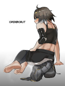 Rule 34 | 1girl, absurdres, arknights, barefoot, blush, brown hair, feet, highres, looking at viewer, looking back, medium hair, operatorut, plume (arknights), shoes, smile, socks, soles, steam, toes, unworn shoes, unworn socks, yellow eyes