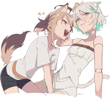 Rule 34 | 2girls, ahoge, all fours, alternate costume, animal ears, aqua eyes, aqua hair, bare shoulders, belt, bike shorts, blush, braid, brown hair, casual, cat ears, cat tail, cecilia immergreen, commentary, dog ears, dog tail, doll joints, dress, gigi murin, grey hair, hetareeji, highres, hololive, hololive english, joints, long hair, multicolored hair, multiple girls, open mouth, pink eyes, sharp teeth, shirt, short hair, single braid, smile, streaked hair, untranslatable commentary, t-shirt, tail, teeth, virtual youtuber, winding key