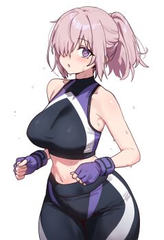1girl absurdres black_pants black_sports_bra breasts ebora fate/grand_order fate_(series) fingerless_gloves gloves hair_over_one_eye highres large_breasts looking_at_viewer mash_kyrielight medium_hair multicolored_pants multicolored_sports_bra navel open_mouth pants ponytail purple_eyes purple_gloves purple_hair solo sports_bra sweat sweatpants white_background wide_hips