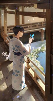 1boy 8083_blue black_hair blue_butterfly blunt_bangs bug butterfly cotton_ball flower highres hoshina_soshiro insect japanese_clothes kaijuu_no._8 kimono long_sleeves male_focus photo_background red_eyes short_hair solo tabi white_flower white_kimono