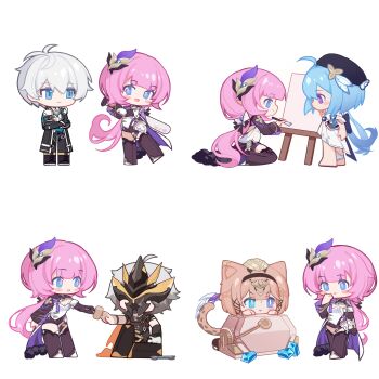 Rule 34 | 2boys, 3girls, absurdres, ahoge, animal ears, bare legs, barefoot, baseball bat, beret, black forest cake, black hairband, black jacket, black pants, black shirt, black shoes, black shorts, blue eyes, blue hair, blush stickers, breasts, brown hair, cake, canvas (object), cape, cat ears, cat girl, cat tail, chibi, chibi only, cleavage, corset, crystal, dress, elf, elysia (honkai impact), elysia (miss pink elf) (honkai impact), food, green eyes, grey hair, griseo, griseo (starry impression), hair ornament, hairband, hat, heterochromia, highres, holding, holding baseball bat, holding brush, holding mallet, honkai (series), honkai impact 3rd, jacket, kalpas (honkai impact), kevin kaslana, long hair, looking at another, mallet, mask, mask on head, multiple boys, multiple girls, nizi w, open mouth, pants, pardofelis, pink hair, pointy ears, purple eyes, seiza, shirt, shoes, short hair, short shorts, shorts, simple background, sitting, smile, tail, white background, white corset, white dress, white hair