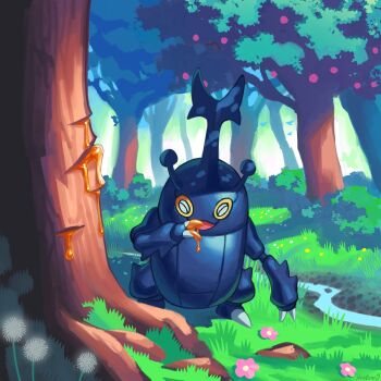 1boy antennae blue_carapace bug cameo carapace claws forest full_body gen_2_pokemon gen_7_pokemon happy heracross highres horns licking licking_hand licking_own_claws male_focus namnums nature nectar nintendo no_humans open_mouth outdoors pikipek pokemon pokemon_(creature) silhouette single_horn smile solo standing stream tree woodpecker