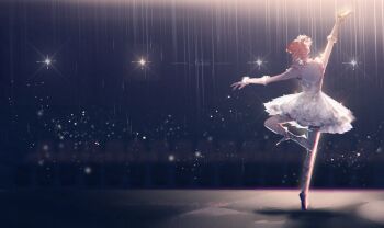 1girl arm_up arm_warmers ballerina ballet ballet_slippers black_sky city dancing dress feather_hair_ornament feathers frilled_dress frills from_behind full_body fur-trimmed_arm_warmers fur_trim glittering_date_(shining_nikki) grey_ribbon grey_shoes hair_bun hair_ornament hq_(876704940) leg_lift leg_up light_particles night night_sky nikki_(nikki) nikki_(series) outdoors outstretched_arms pantyhose pink_hair shining_nikki shoes short_dress short_hair single_hair_bun sky sleeveless sleeveless_dress solo stage tiptoes tutu updo white_arm_warmers white_dress white_pantyhose