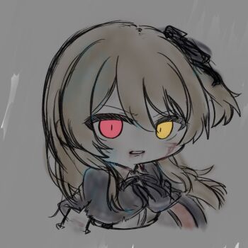 Rule 34 | 1girl, arms at sides, assault lily, black capelet, black ribbon, blood, blood in hair, blood on arm, blood on clothes, blood on face, blue blood, brown hair, capelet, chibi, collared shirt, commentary, cropped arms, cropped torso, gradient background, grey background, hair between eyes, hair ribbon, heterochromia, highres, kuo shenlin, long hair, looking at viewer, neck ribbon, parted lips, red eyes, ribbon, school uniform, shield, shirt, solo, untranslatable commentary, torn clothes, torn sleeves, umi (s5r1umi 1399), upper body, v-shaped eyebrows, white shirt, yellow eyes, yurigaoka girls academy school uniform