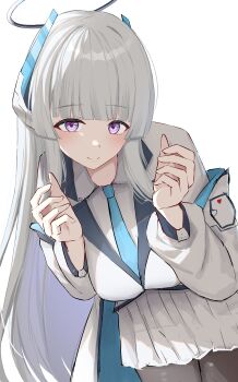 1girl absurdres anima_miko black_pantyhose blue_archive blue_necktie blush breasts halo highres jacket large_breasts long_hair looking_at_viewer mechanical_halo necktie noa_(blue_archive) open_clothes open_jacket pantyhose pleated_skirt skirt smile solo white_hair white_jacket white_skirt