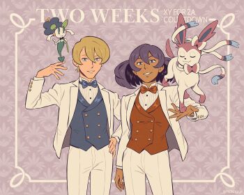 Rule 34 | 1boy, 1girl, alternate costume, blonde hair, blue bow, blue bowtie, bow, bowtie, closed eyes, countdown, cowboy shot, dark-skinned female, dark skin, dexio (pokemon), effie lealand, floette, floette (blue flower), gen 6 pokemon, hand on own hip, jacket, nintendo, parted lips, pokemon, pokemon xy, purple background, purple hair, red bow, red bowtie, signature, sina (pokemon), sylveon, white jacket