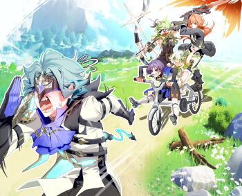 2girls 3boys ahoge aiming_at_another aqua_hair arm_belt arm_up armlet armor arms_up arrow_(projectile) ascot bandeau belt bespectacled black_belt black_boots black_bow black_bridal_gauntlets black_choker black_coat black_dress black_gloves black_mask black_pants black_sandals black_shorts black_sleeves blue_sky blunt_ends boots bow bow_(weapon) branch breasts bridal_gauntlets bush cape chest_belt choker clenched_hands closed_mouth cloud cloudy_sky coat collei_(genshin_impact) commentary detached_sleeves diluc_(genshin_impact) dottore_(genshin_impact) dress english_commentary evil_grin evil_smile excited eye_mask eyelashes eyeliner fleeing flying_sweatdrops frown fur-trimmed_coat fur_trim game_screenshot_background genshin_impact glasses glint gloves gold grass greatsword green_eyes green_hair green_sleeves grin hair_ornament hakama hakama_shorts hand_up holding holding_bow_(weapon) holding_sword holding_weapon japanese_armor japanese_clothes jewelry knee_up kote kurokote leg_warmers lens_flare long_hair long_sleeves looking_at_another low-tied_long_hair makeup mask medium_breasts middle_ring multicolored_hair multiple_boys multiple_girls nahida_(genshin_impact) o-ring o-ring_choker open_clothes open_coat open_mouth pants pleated_shorts popped_collar purple_ascot purple_cape purple_eyes purple_gloves purple_hair red_eyeliner red_eyes red_hair riding riding_tricycle rock sandals scaramouche_(genshin_impact) screenshot_background sharp_teeth shirt short_hair shorts side_cape side_ponytail sidelocks sitting sky smile stirrup_legwear streaked_hair sunglasses sweatdrop sword syringe_earrings tareme tassel teeth toeless_legwear tongue tongue_out too_many too_many_belts tree tricycle two-sided_gloves undershirt viviwi wanderer_(genshin_impact) weapon white_bandeau white_coat white_dress white_hair white_leg_warmers white_shirt white_sleeves wolf's_gravestone_(genshin_impact) zouri