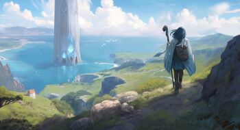 1girl art_of_papayou backpack bag bird blue_hair blue_skirt boots braid cloud cloudy_sky commentary english_commentary facing_away fantasy grass highres hill holding holding_staff horizon long_hair low-braided_long_hair low-tied_long_hair mage_staff ocean original outdoors path road rock scenery seagull skirt sky solo staff tower walking water