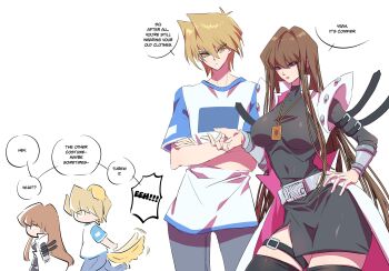 1boy 1girl black_dress blonde_hair blue_pants breasts brown_eyes brown_hair card_pendant coat cowboy_shot denim dress genderswap genderswap_(mtf) highres jonouchi_katsuya kaiba_seto large_breasts long_hair open_clothes open_coat pants shirt simple_background white_background white_coat white_shirt yellow_eyes yu-gi-oh! yu-gi-oh!_duel_monsters zackpyo